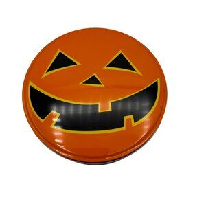 Halloween Pumpkin Metal Tin With Lid For Storage & Decor Orange & Black Round